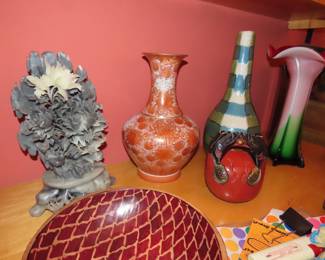 Art glass, Asian vase, carved onyx.