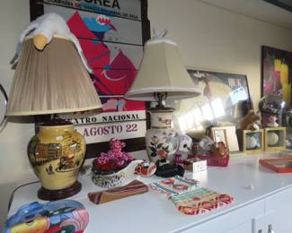Table lamps, Wedgwood ceramics, South American purses.