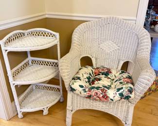 Vintage White Wicker Chair and Corner Étagère (matching table too)