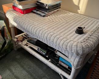 Vintage White Wicker Table. (Vintage Corner Etagere and Vintage Wicker Chair also for Sale)