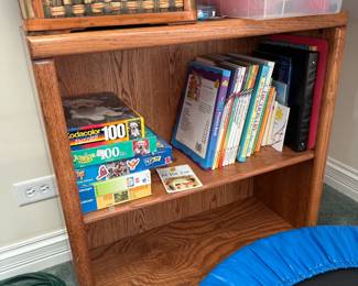 2 Tier Bookcase. Puzzles, Books, Basket, Little Tikes 3-Foot Trampoline