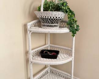 Vintage White Wicker Corner Etagere. (Vintage Chair and Table also for Sale)