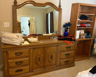 dresser with mirror, bookcase