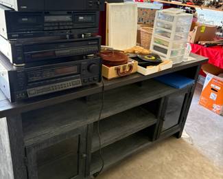 media cabinet, electronics, 45 record player with records