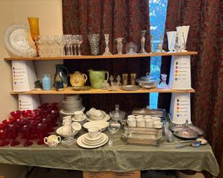 china, glassware, stemware, Fostoria, bakeware, Milk Glass, vases