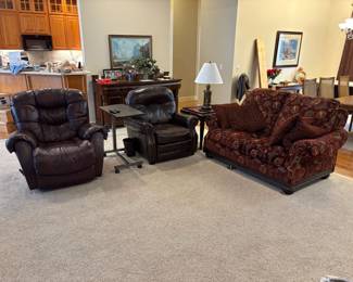 chairs, loveseat, table, lamp