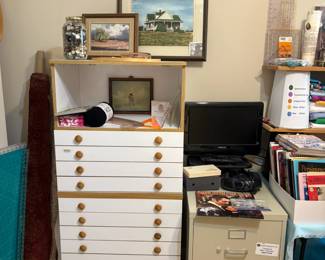 organizer, wall art, file cabinet, small TV