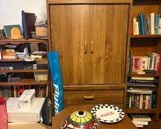 Cookie jars, books, globe, armoire