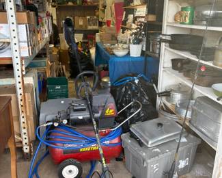 air compressor, weed eater, fishing pole