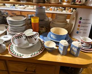 Chicken dishes, blue glassware