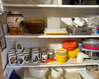 Tupperware, hand mixer, mugs