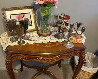 Wood side table, silverplate