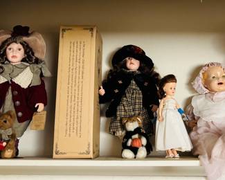 Close-up of vintage Dolls including Madame Alexander and Composite Dolls