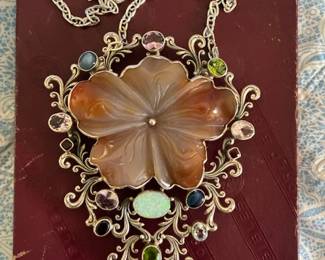 Large carved carnelian & semi-precious gemstone necklace