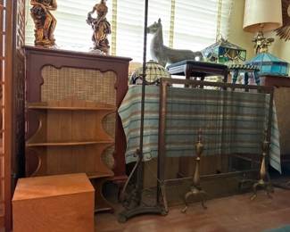Leaded lamp shades, Fire screen & andirons, Large cabinet speakers. Figural lamp bases.