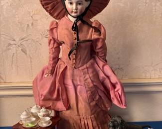 China head doll ready for a tea party. Hat box by Madame Alexander