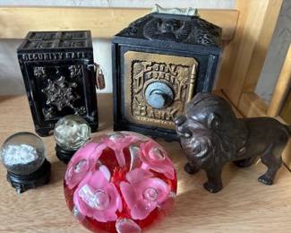 Antique cast iron Banks, paperweight & sulfide marbles