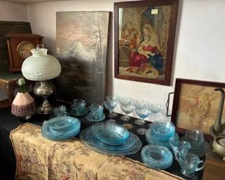 B&H oil lamp. Large set of Fostoria's "Versailles" in blue. Antique framed needle point..