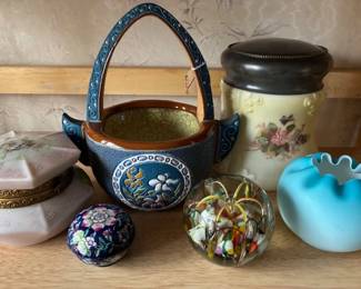 Amphora basket, Wavecrest boxes & art glass