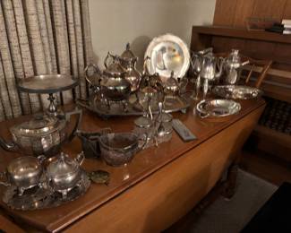 Silver Plate Serving Pieces on nice Drop Leaf Table