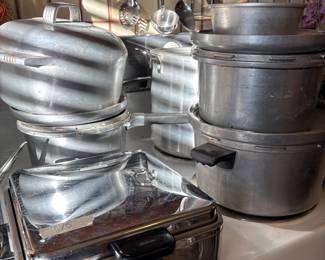 Vintage Waffle Iron Never Used and Vintage Aluminum Pots and Pans