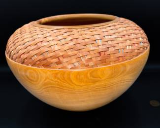 Handcrafted Segmented Wood Bowl Featuring a Woven Upper Section 