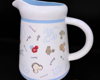 Disney Store Snack Time Ceramic Pitcher Featuring Mickey, Minnie, Goofy, and Donald
