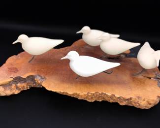 John Perry Studio Sculpture Featuring Five Seagulls or Sandpipers Mounted On a  Piece of Burlwood