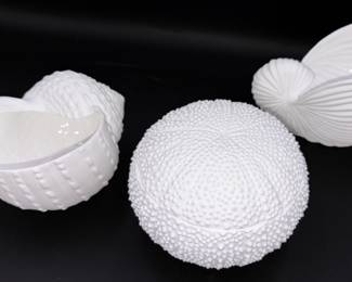 White Ceramic Bowls Designed To Resemble Sea Urchins and Other Seashell