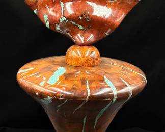 Handcrafted Wooden Vessel With Turquoise Inlay 