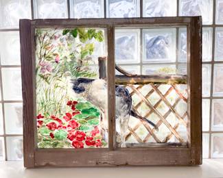 Vintage Window with Hand Painted Cat Scene