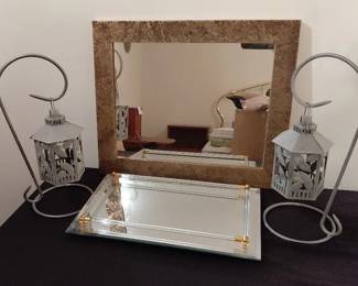 Vintage Mirrored Tray, Wall Mirror and Table Hanging Candle Set
