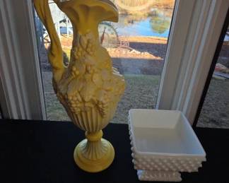 Arnels Ceramic Vase  Fenton Hobnail Milk Glass
