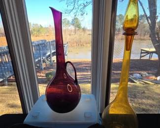 Rare Amber Glass Decanter With Flame Style Stopper, MCM Empoli Glass Pitcher