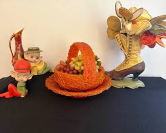 Vtg. Spun Acrylic Basket, Ceramic Pixies More