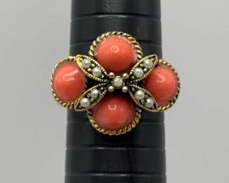 Vintage Red Coral Pearl Flower Ring Adjustable