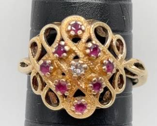 14K Gold Ring With Genuine Diamond And 8 Rubies 