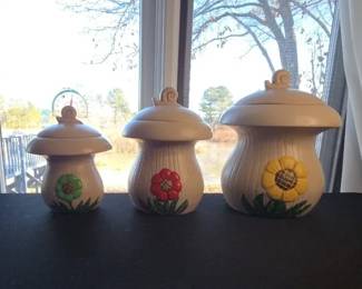 Hand Painted Merry Mushroom Ceramic Canisters 