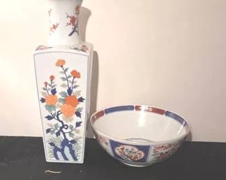 Andrea Sadek Japanese Hand Painted Porcelain Vase And Bowl