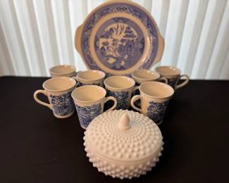 Blue Willow Style Serving Platter And Coffee Cups With Hobnail Milk Glass Candy Dish