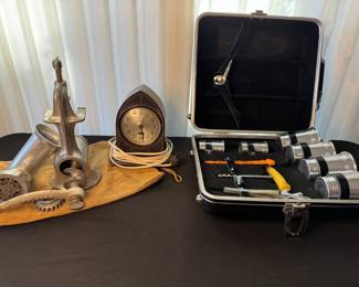 Vintage Trio Meat Grinder, Hammond Clock And Travel Bar