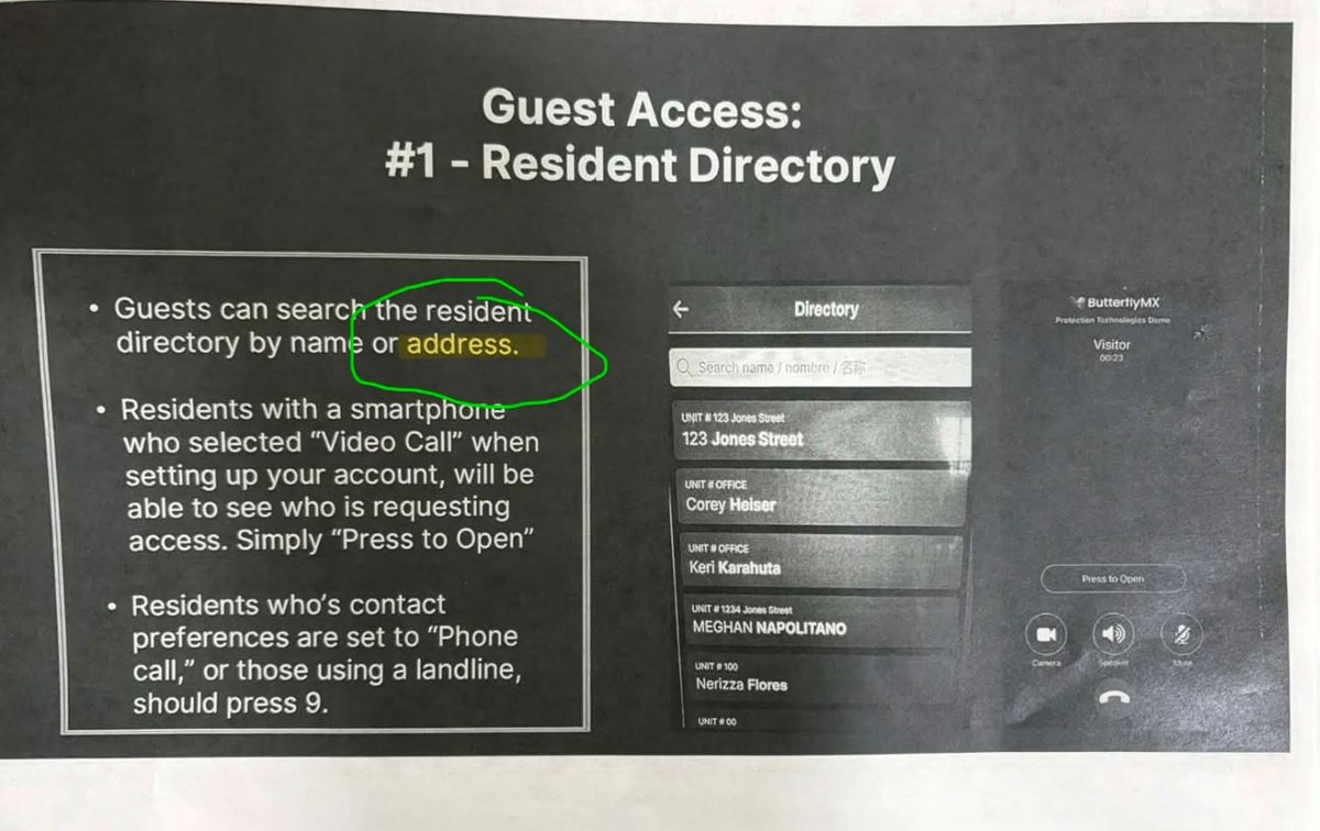 Pull up to the computer screen by the visitor gate and search address “130 Orleans Rd” to open the gate.