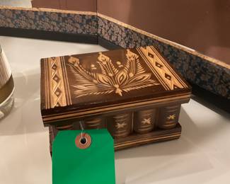 1800s wood carved jewelry box (3” x 6” x 4”)