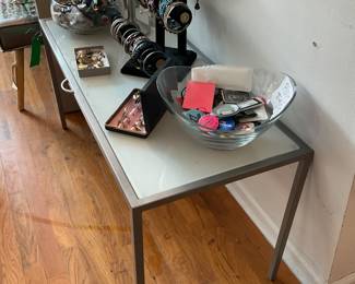 MCM silver framed glass top coffee table (19.5” x 40” x 17”)