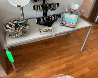 MCM silver framed glass top coffee table (19.5” x 40” x 17”)