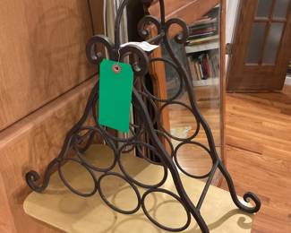 Vintage wrought iron 6 bottle triangular wine rack (scrollwork design) 