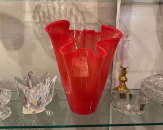 Red glass hand kerchief handmade large vase $50 + tax