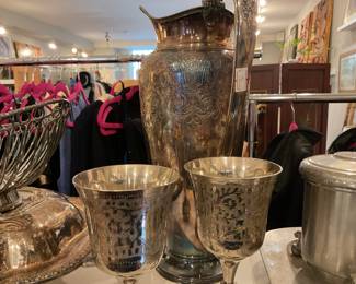 Silver plated goblets and pitcher