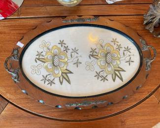Wood and brass handled tray with gold embroidery $20 + tax