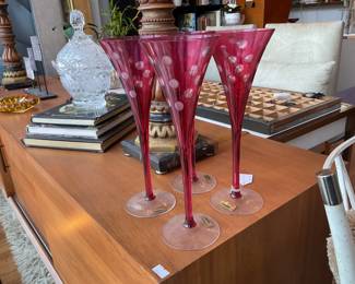 Red Hungarian trumpet glass set (4) $75 + tax